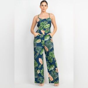 New! Crisscross Wide Leg Tropical Jumpsuit Blue and Green